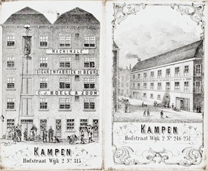 <p>Prent van de twee locaties van de sigarenfabriek van C.J. Boele & Zoon uit de collectie Atlas Dreesman, met links de in 1847 gestarte (en later mogelijk gemoderniseerde) fabriek achter Oudestraat 36-38 (Stadsarchief Amsterdam). </p>
